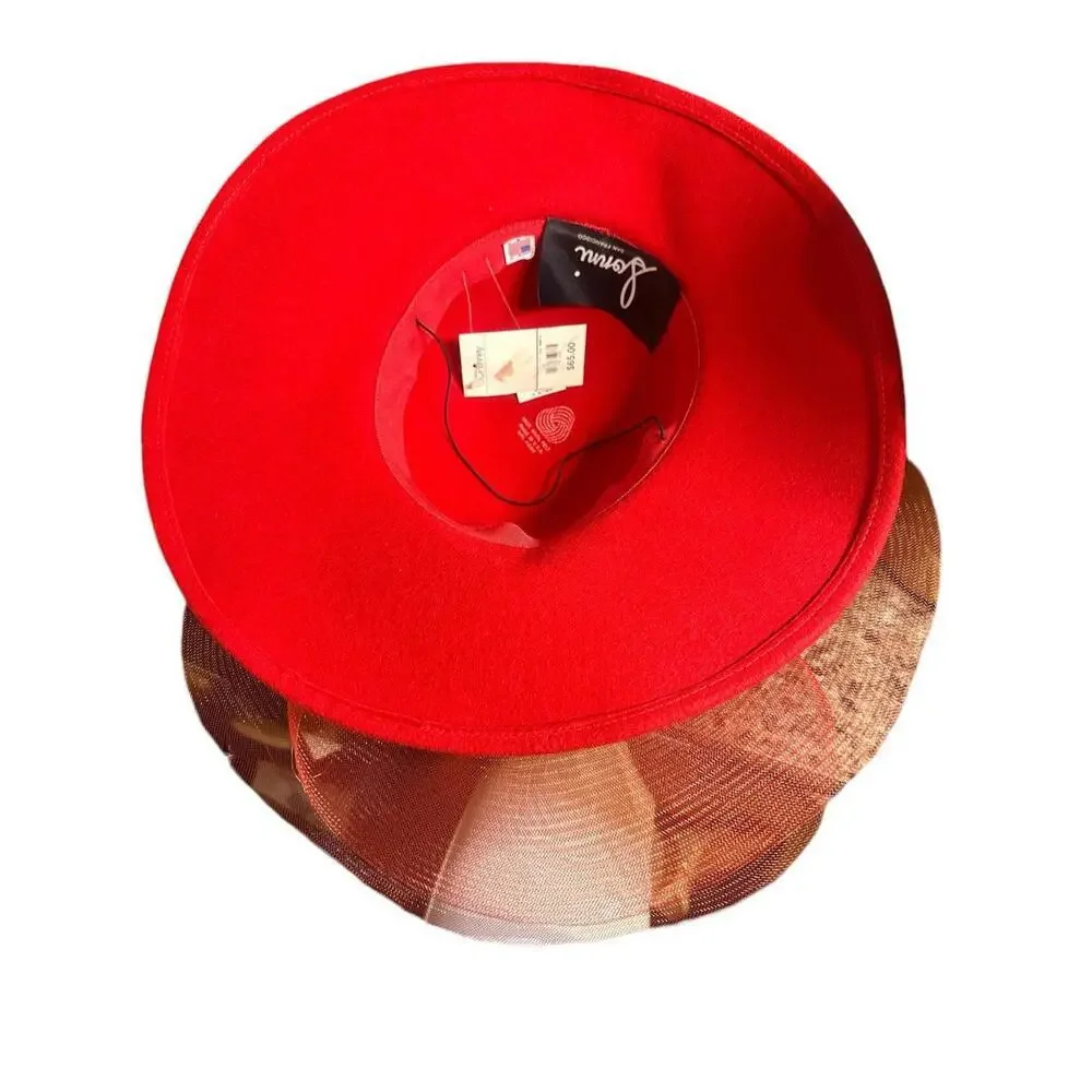 red wool wide brim hat dating to the glamorous 1980s. It has a low rounded crown